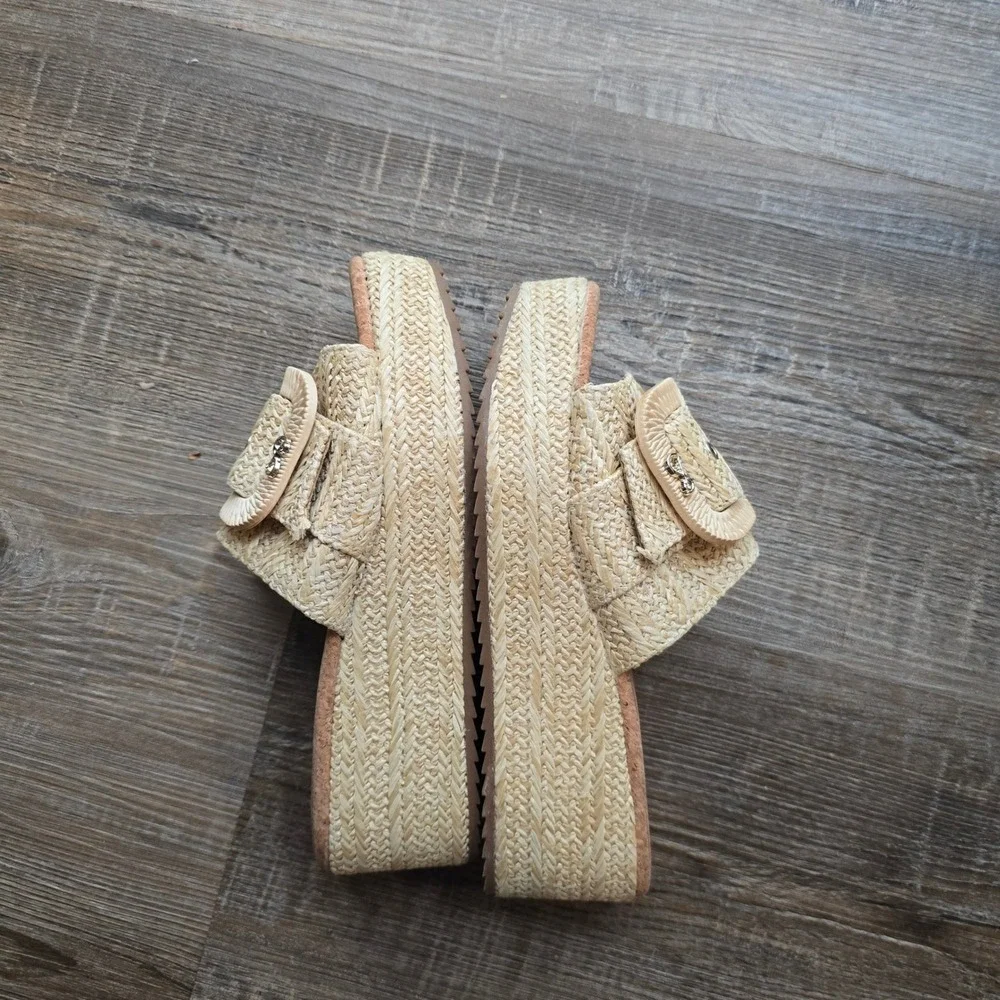 Sam & Libby Womens Beige Woven Raffia Platform Slide Sandals Buckle Size 7